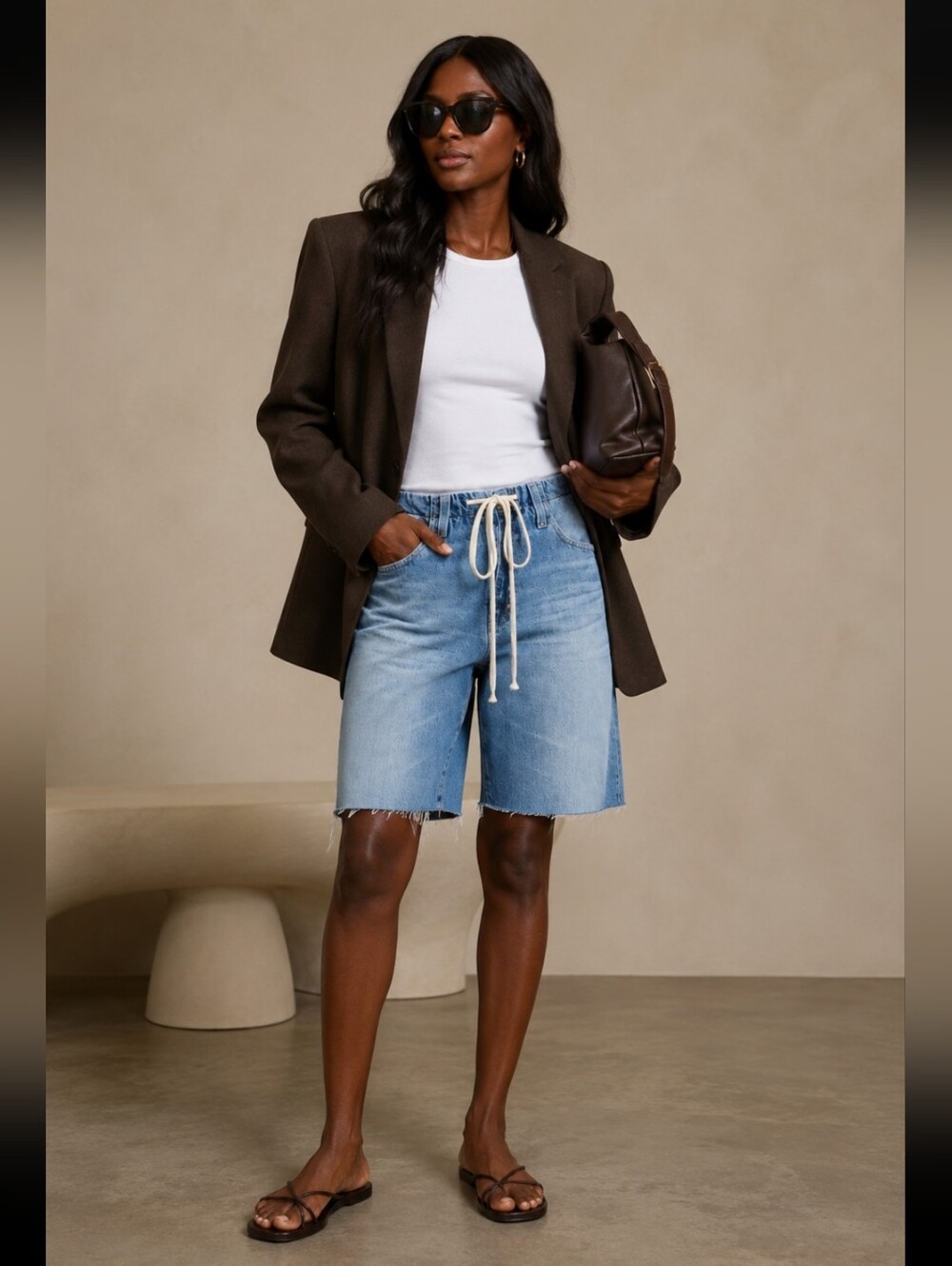 J. Crew Light Blue Denim Drawstring Bermuda Shorts with Frayed Hem